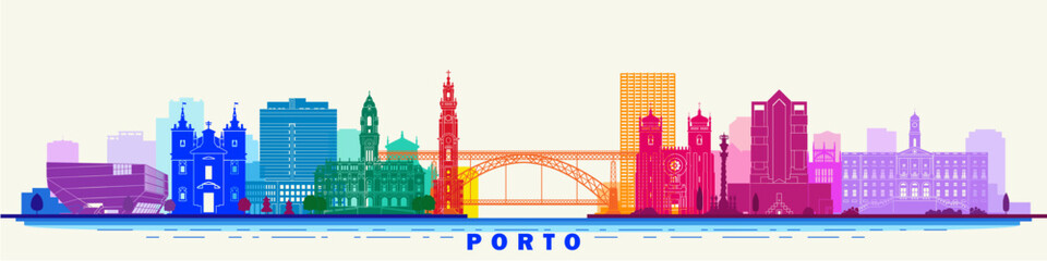 Porto city landmarks abstract banner wall art rainbow vector design, Portugal.