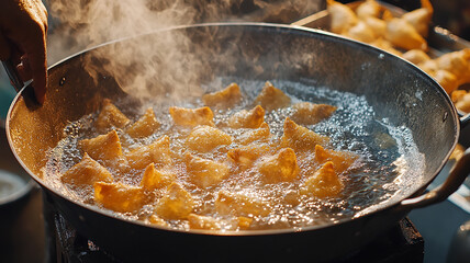 Close up of crispy samosas fried in large pan generated.AI