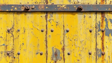 Rusty yellow steel texture with weathered paint and corrosion, highlighting industrial aging and texture patterns for design backgrounds.