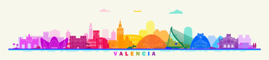 Valencia city skyline landmarks abstract colorful banner design, Spain.