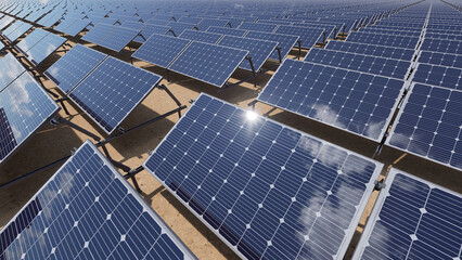 A field covered with solar panels. Green energy. 3d render