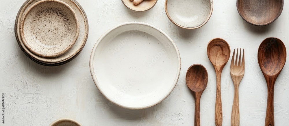 Poster ceramic tableware and wooden utensils arranged in a flat lay with empty space for text in a modern k