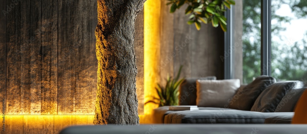 Poster illuminated tree bark texture in a contemporary interior highlighting natural elements and soft ambi