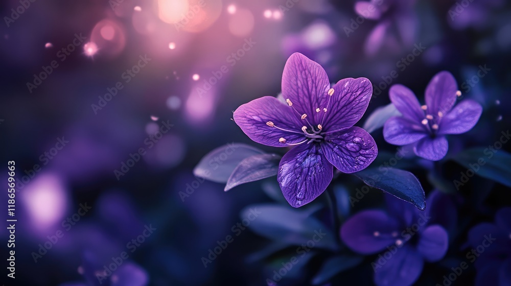 Poster purple blooms in ethereal light with soft bokeh effect emphasizing nature's beauty and tranquility i