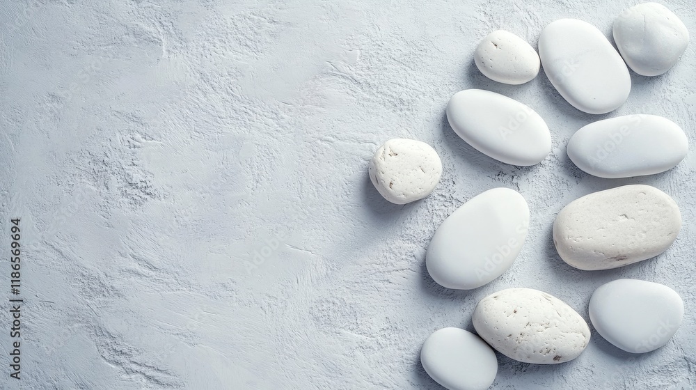 Aufkleber white smooth stones arrangement on soft textured gray background natural decorative elements for des
