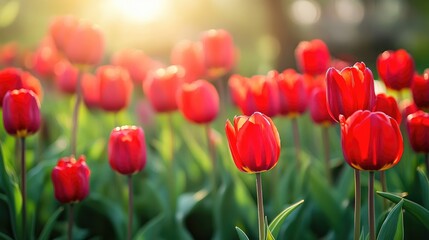 Fototapeta premium Vibrant red tulip blossoms illuminated by sunlight in a lush garden setting showcasing nature's beauty and floral elegance.