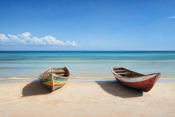 Naklejka premium Tropical Beach Serenity: Two vibrant fishing boats rest on a pristine, sandy beach, facing a calm, turquoise ocean under a brilliant blue sky.