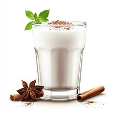 A refreshing glass of creamy drink garnished with mint, surrounded by cinnamon sticks and star anise, evoking a warm, aromatic experience.