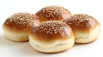 Freshly baked sesame seed topped buns arranged on a clean white background perfect for bakery advertisements or food blogs.