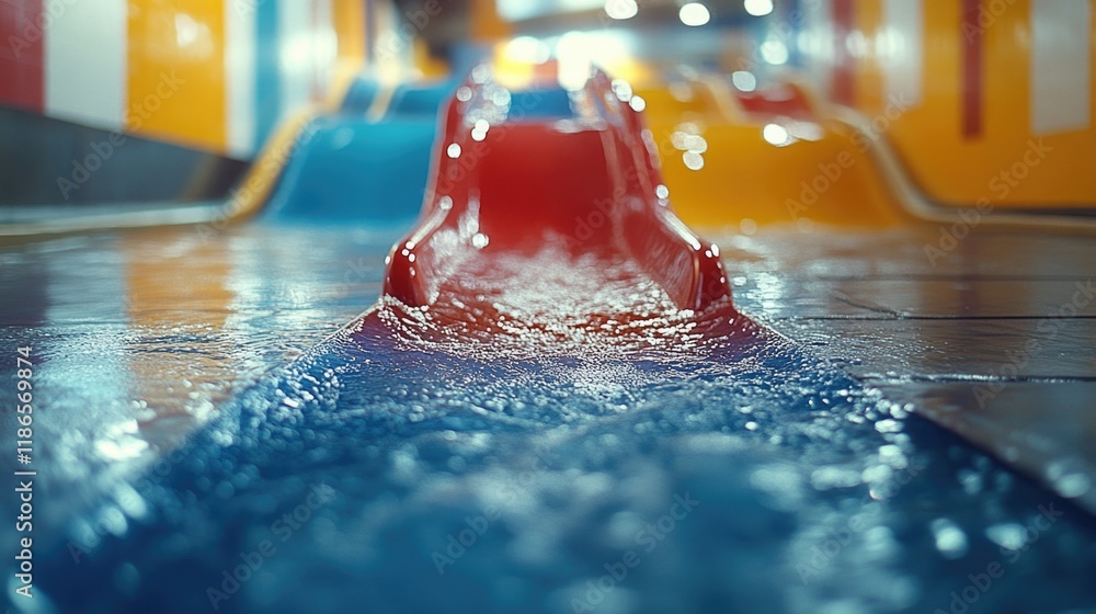 Poster a close-up shot of a water slide in a pool, suitable for use in travel or recreation concepts