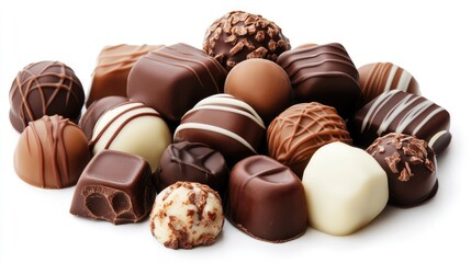 Fototapeta premium Assorted gourmet truffle chocolates in various flavors and designs arranged elegantly on a white background