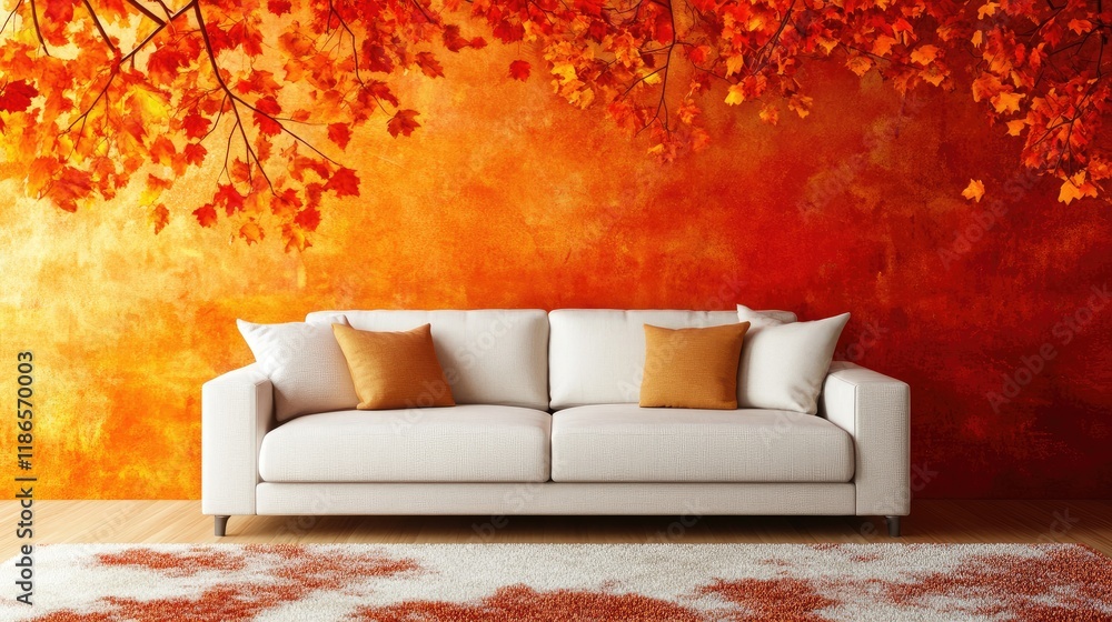 Aufkleber modern white sofa in minimalist room decorated with orange autumn leaves and plush rugs creating a w