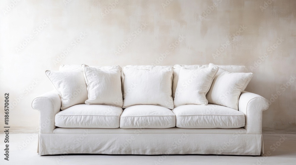 Poster spacious minimalist interior featuring a white sofa against light textured walls creating a serene a