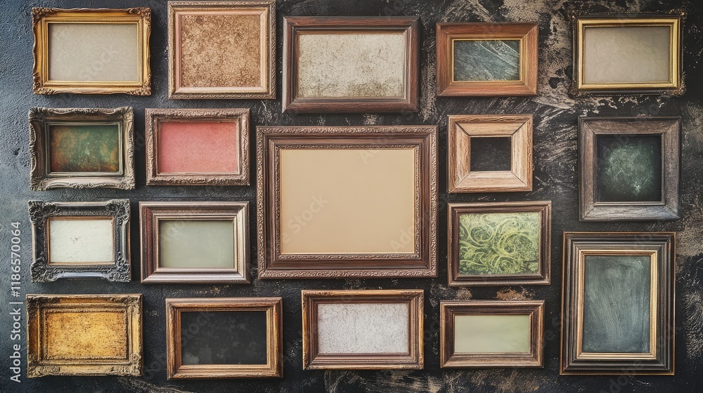 Poster diverse collection of vintage photo frames arranged creatively on a textured wall background showcas