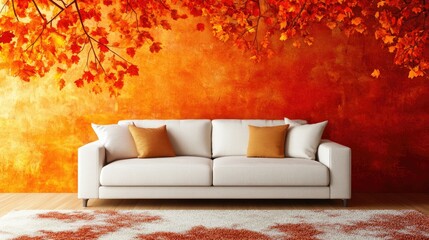 Modern white sofa in minimalist room decorated with orange autumn leaves and plush rugs creating a warm and inviting atmosphere.