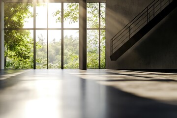 Cozy room with multiple windows and stairway leading upstairs