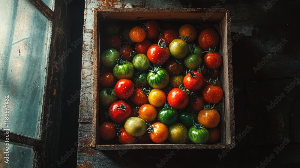 Aufkleber colorful ripe tomatoes of various varieties arranged in a rustic box on a weathered table showcasing
