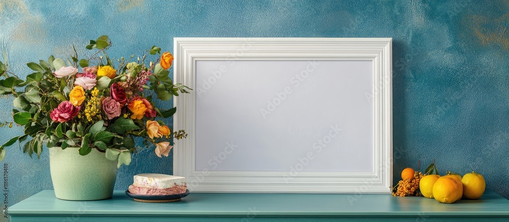 Poster white frame mockup on an artistic wall with colorful flowers and fruits perfect for displaying artwo