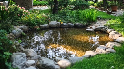 Serene Stone-Rimmed Pond in a Lush Garden
