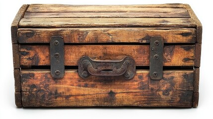 Vintage wooden crate with metal clasps and handle, showing age and wear.