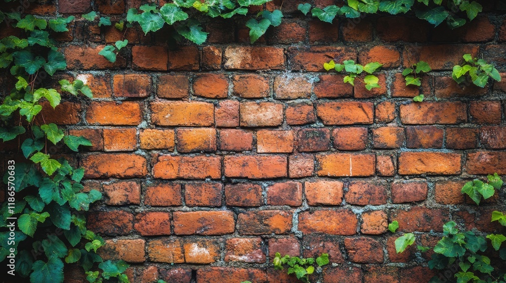 Aufkleber Vintage brick wall texture with green ivy creating a rustic and timeless atmosphere for design projects and backgrounds.