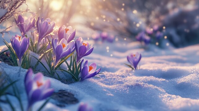 Violet crocuses blooming through snow symbolizing resilience and the arrival of spring in a serene, enchanting landscape setting