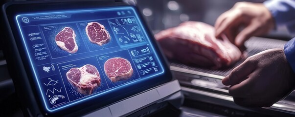 Monitoring Food Safety and Hygiene Standards concept. High-tech meat inspection with digital display and fresh cuts.