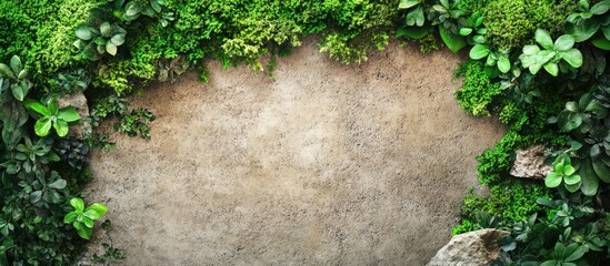 Lush green moss and foliage adorning a textured stone wall in a serene natural environment with space for text overlay