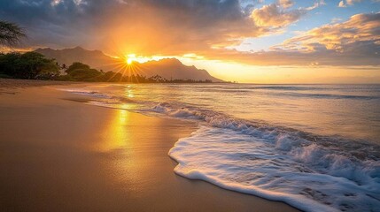 Serene Hawaiian sunrise illuminating waves on the shore with majestic mountains in the background reflecting golden hues and tranquil beauty