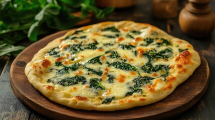 Turkish flatbread topped with cheese and spinach served on a wooden platter in a rustic setting with greens in the background