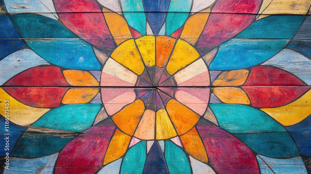 Poster colorful kaleidoscope floral design on rustic wood background with vibrant tints and abstract patter
