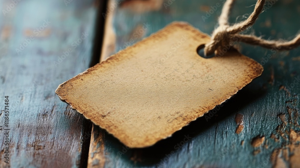 Aufkleber Vintage address label with rough edges and twine against a weathered wooden background for customizable tagging and labeling purposes