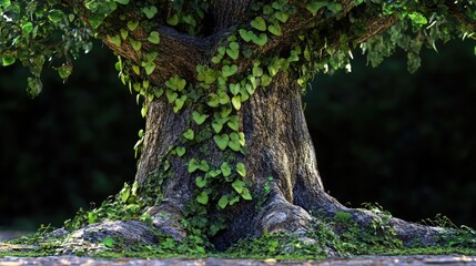 Majestic tree trunk entwined with lush green ivy showcasing nature's beauty and resilience in a tranquil forest setting