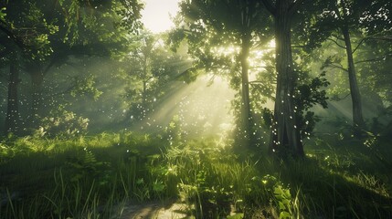 A dense forest covered in early morning dew, with beams of sunlight streaming through the trees.