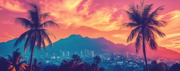 Tropical landscape, vibrant color palette, palm trees, mountain backdrop, urban skyline, bold neon hues, eye catching design, modern aesthetics, summer vibe,