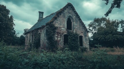 Abandoned ruin enveloped by nature with overgrown vegetation under a moody sky capturing the essence of decay and solitude
