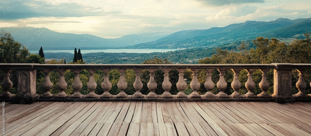 Poster serene vintage wooden terrace overlooking a blurred landscape creating a tranquil ambiance with ampl