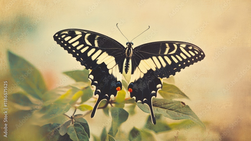 Aufkleber butterfly perched on green leaves showcasing intricate patterns with a soft blurred background highl