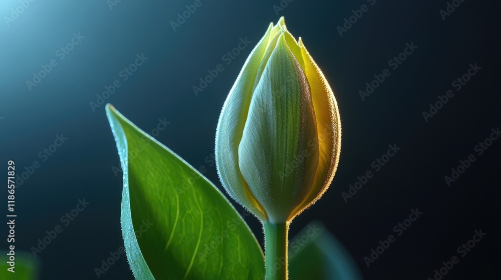 Poster delicate tulip bud illuminated from behind showcasing intricate details and vibrant colors against a
