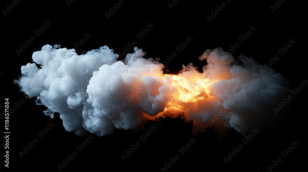 Poster dramatic white smoke and orange fire flames on a black background creating a powerful visual contras