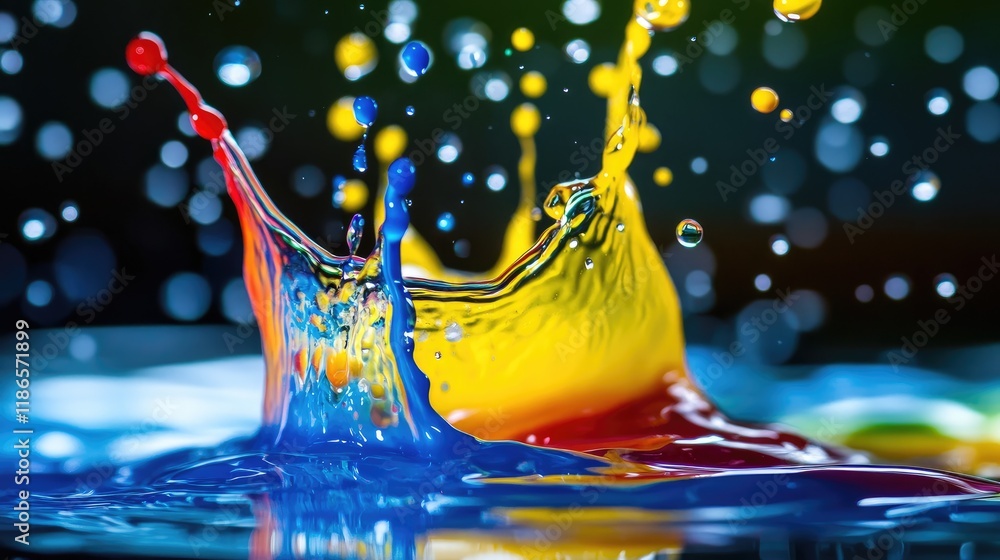 Aufkleber Vibrant Color Splash with Water Droplets Creating Dynamic Ripples in a Playful Artistic Scene