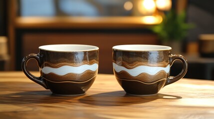 Obraz premium Elegant coffee cups featuring intricate latte art in a warm and inviting coffee shop setting ideal for home interior inspiration