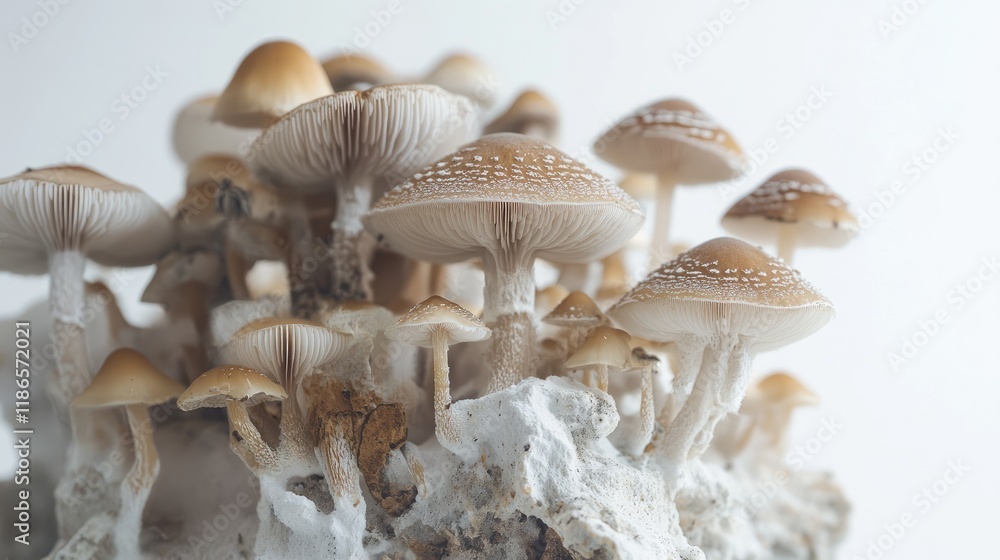 Poster Turtulum mushrooms cluster on a white background showcasing unique shapes and textures in a natural setting