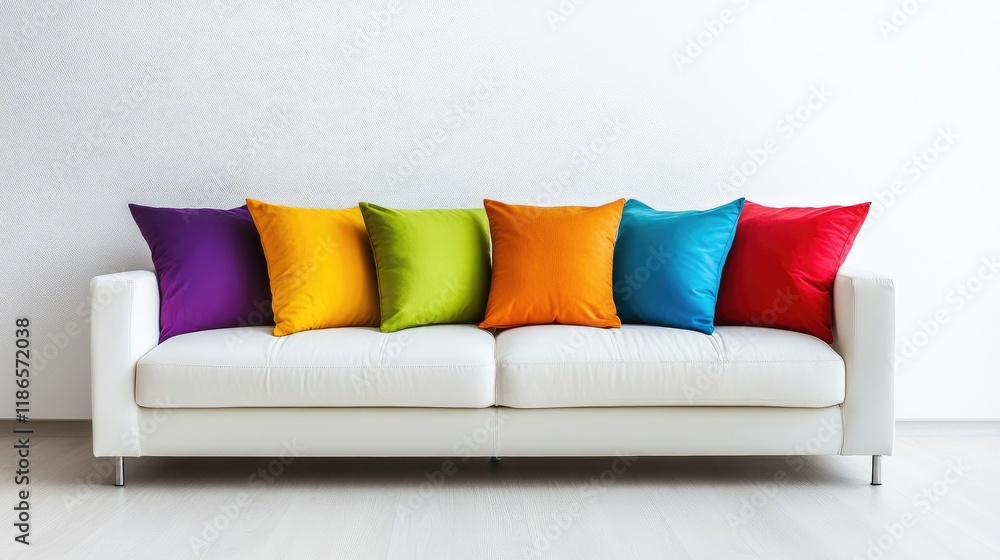 Poster minimalist living room featuring a white sofa adorned with colorful pillows against a bright wall cr