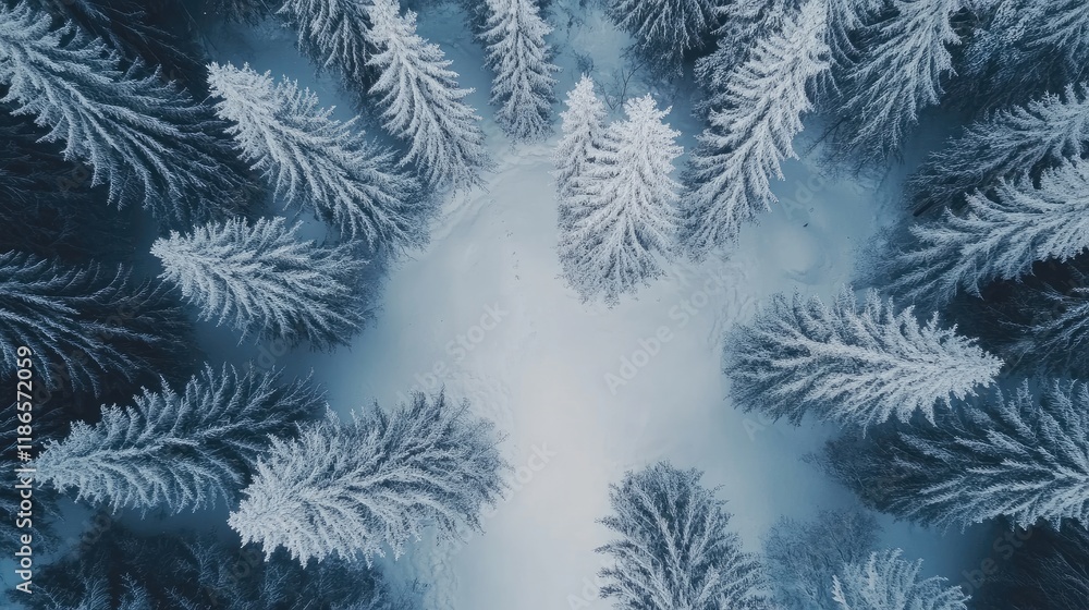 Aufkleber aerial view of snow-covered coniferous forest in winter landscape with frosted trees and serene whit