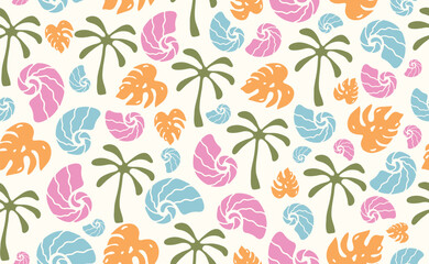 Seamless pattern in trendy Boho style. Naive Geometric Summer shape. Tropical simple paradise background. Hand Drawn Summer Beach. Bohemian Surf Club design. Isolated Vector illustration.