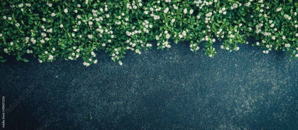 Poster aerial view of lush green grass and blooming flowers creating a serene natural background with ample