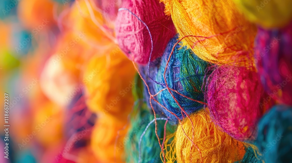 Poster colorful textile threads and balloons creating a vibrant and energetic abstract background of textur