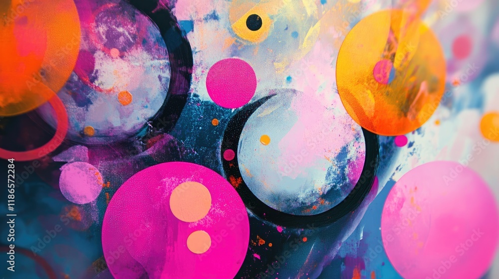 Poster bold abstract composition with colorful circles and organic shapes creating a vibrant artistic expre