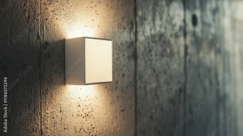 Poster Minimalist white light fixture casting soft illumination on a textured wall highlighting the interplay of light and shadow forms.